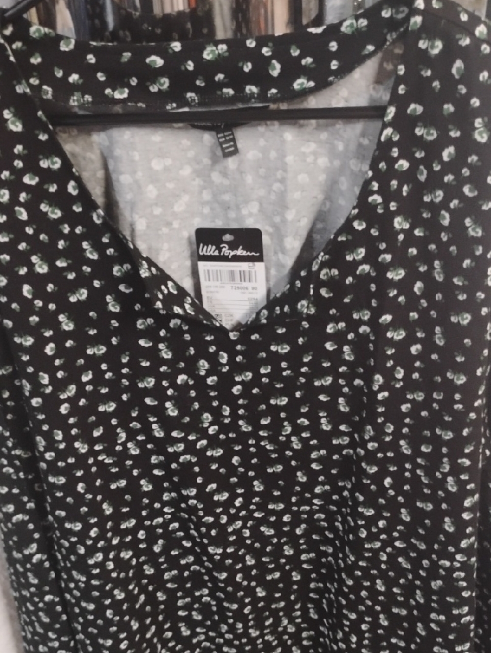 Ulla Popken Black V-Neck Top with White and Mint Green Ditsy Print